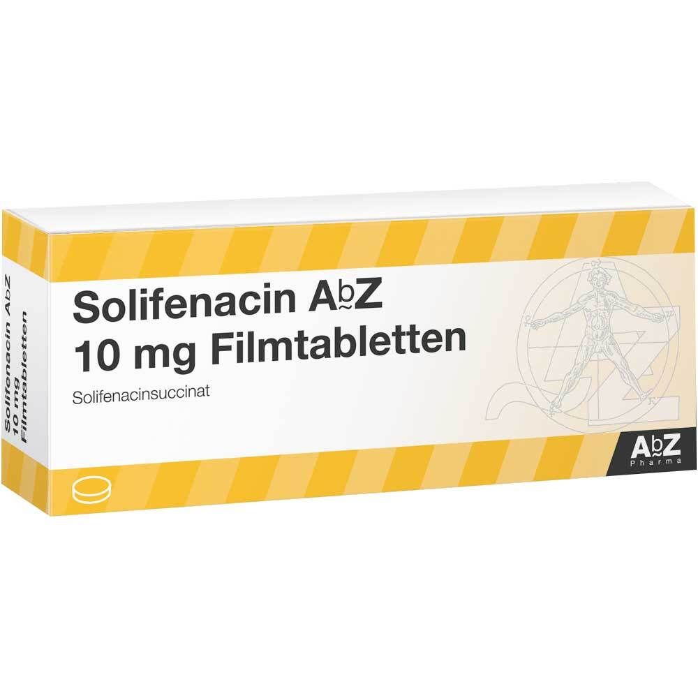 Schachtel mit SOLIFENACIN AbZ 10 mg Filmtabletten. Gelb-weißes Design, Produktname und Dosierung deutlich sichtbar.