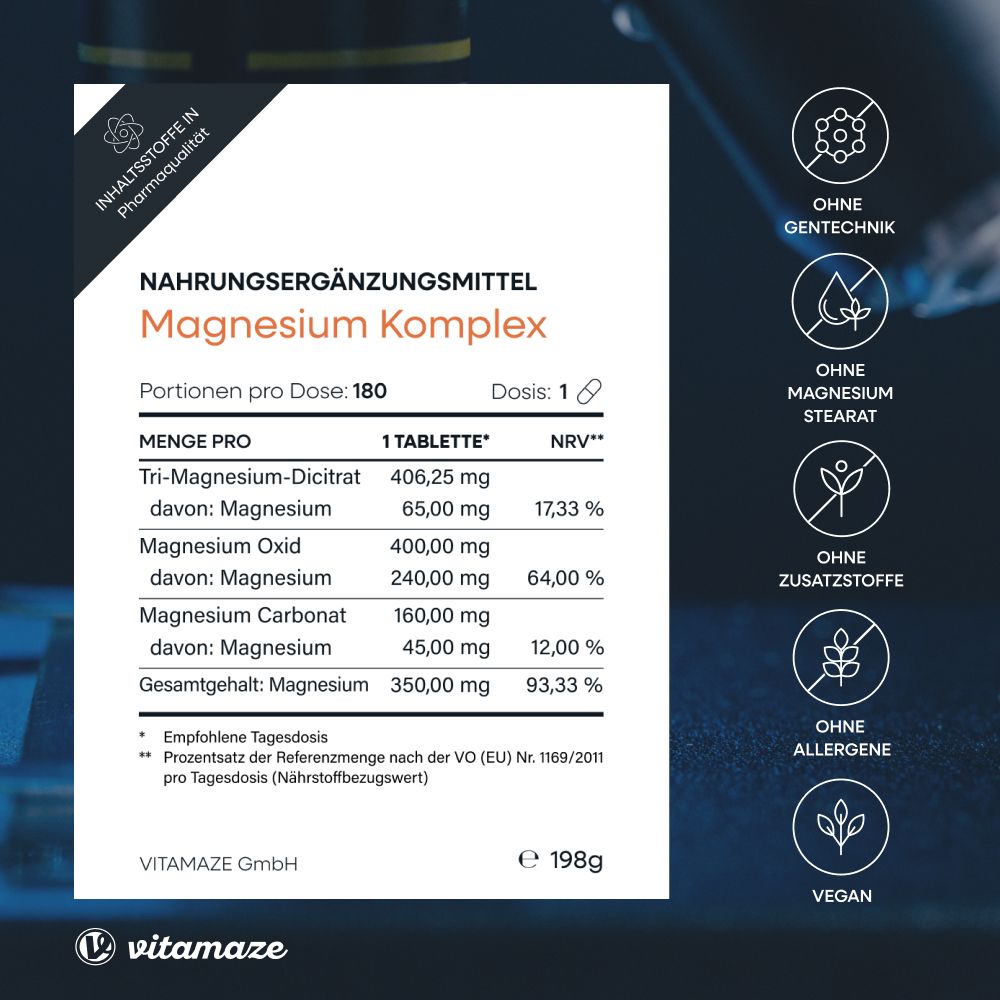 Vitamaze MAGNESIUM 350 mg Komplex Citrat/Oxid/Carbon vegan