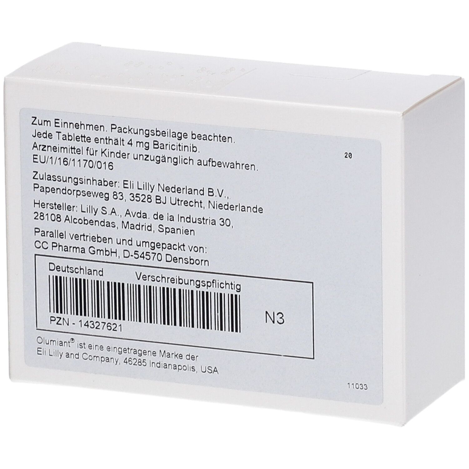 Rückseite der Olumiant 4 mg Packung. Weiße Schachtel mit Text und Barcode. Enthält Informationen zur Anwendung und Hersteller.