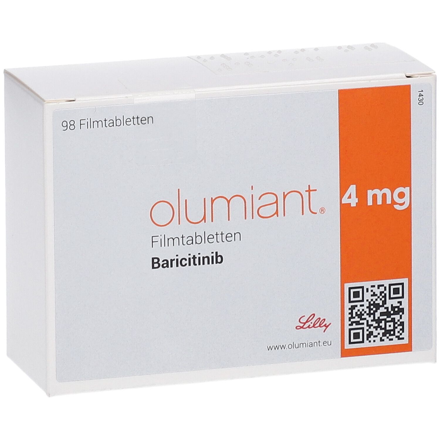 Olumiant 4 mg Packung. Weiße Schachtel mit orangefarbenem Streifen. Aufschrift: Olumiant, 4 mg, Baricitinib, 98 Filmtabletten.