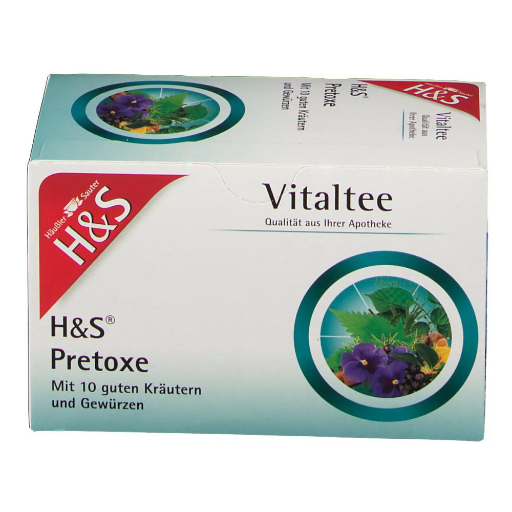 H&S Pretoxe Vitaltee Verpackung. Weißer Karton mit Produktnamen, Logo und floralem Design.