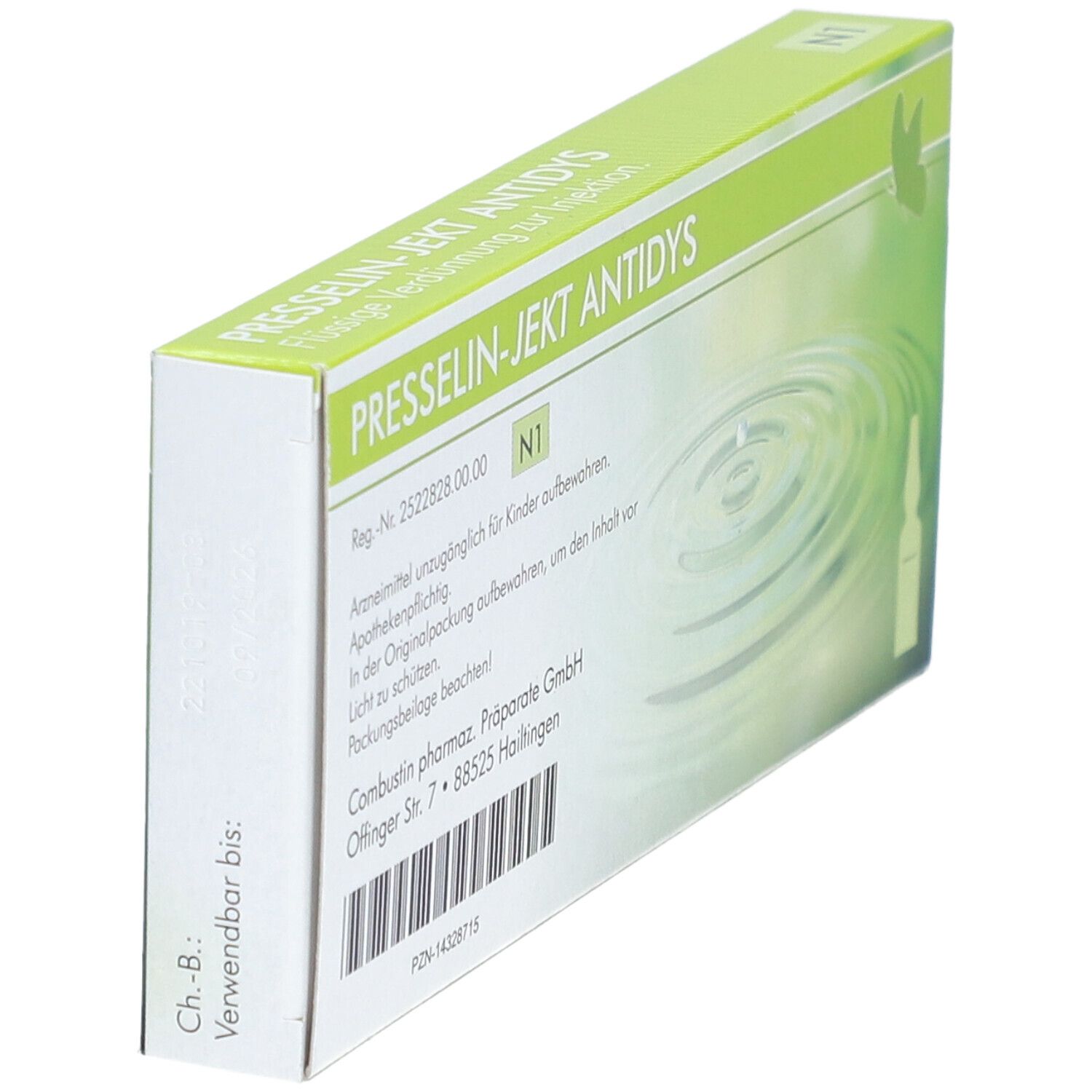 Schachtel PRESSELIN-JEKT ANTIDYS, schräg. Grün-weißes Design, Produktname und Details. Barcode und Herstellerangaben.