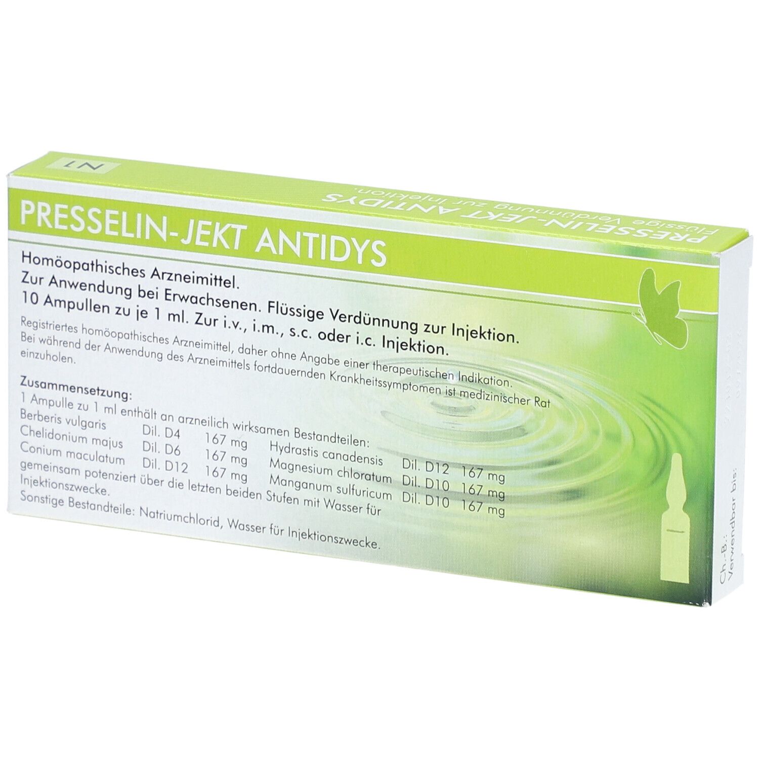 Schachtel PRESSELIN-JEKT ANTIDYS mit Inhaltsangaben. Grün-weißes Design, Produktname und Inhaltsstoffe. 10 Ampullen.