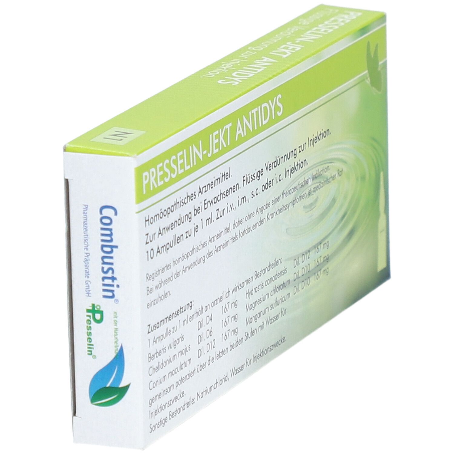Schachtel PRESSELIN-JEKT ANTIDYS, schräg. Grün-weißes Design, Produktname und Herstellerlogo. Details und Inhaltsstoffe.