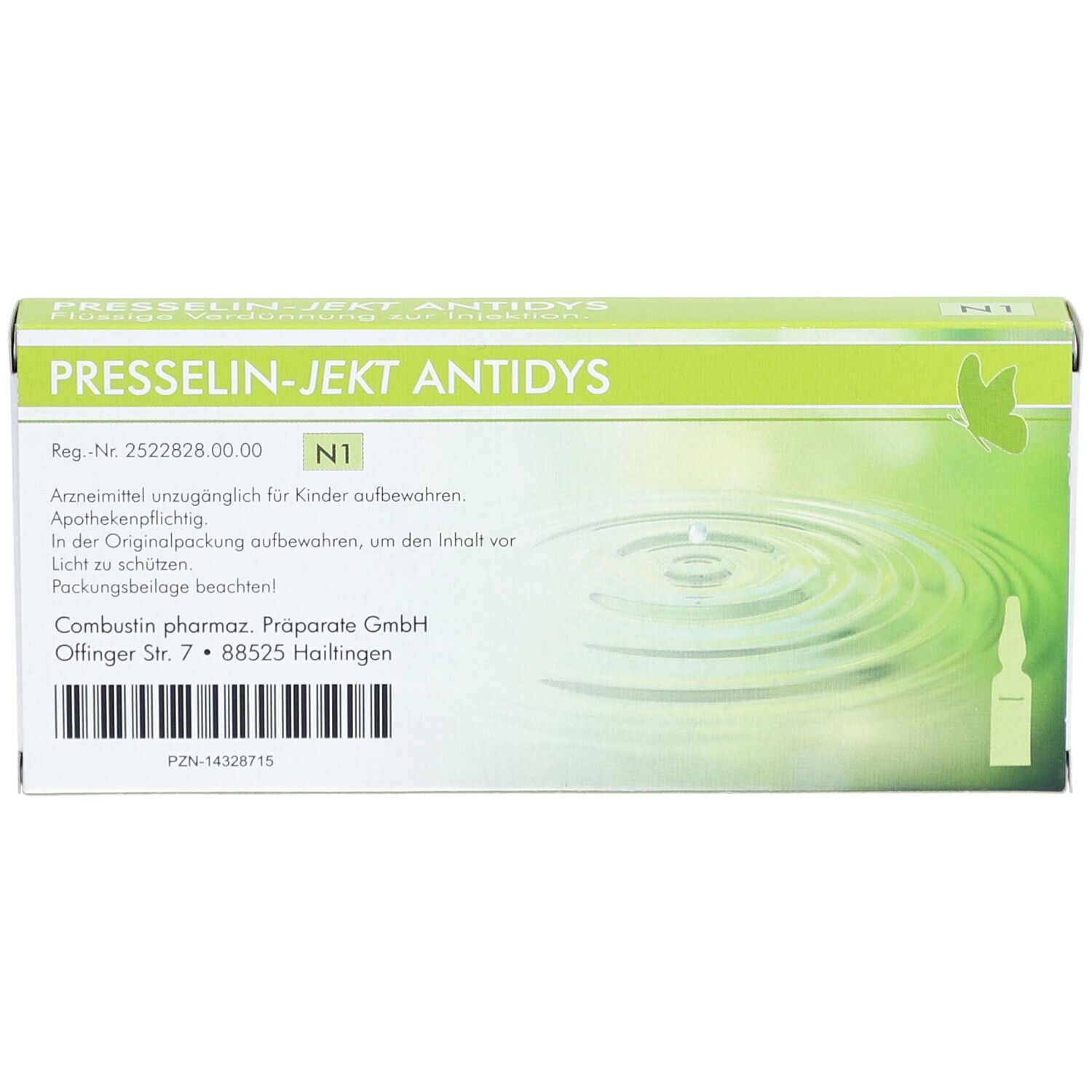 Schachtel PRESSELIN-JEKT ANTIDYS. Grün-weißes Design, Produktname und Details. N1-Kennzeichnung und Herstellerangaben.