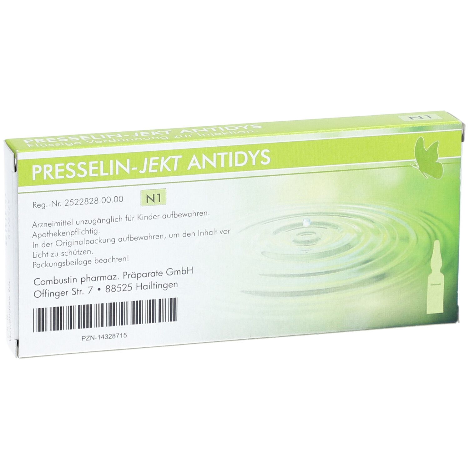 Schachtel PRESSELIN-JEKT ANTIDYS. Grün-weißes Design, Produktname und Details. N1-Kennzeichnung und Herstellerangaben.