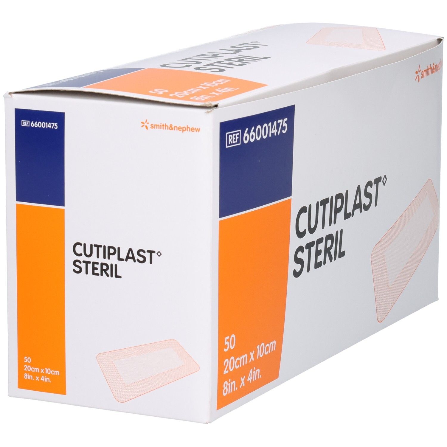 Verpackung von CUTIPLAST STERIL Wundverband. Enthält 50 Verbände, 20cm x 10cm. Marke Smith & Nephew. Referenznummer 66001475.