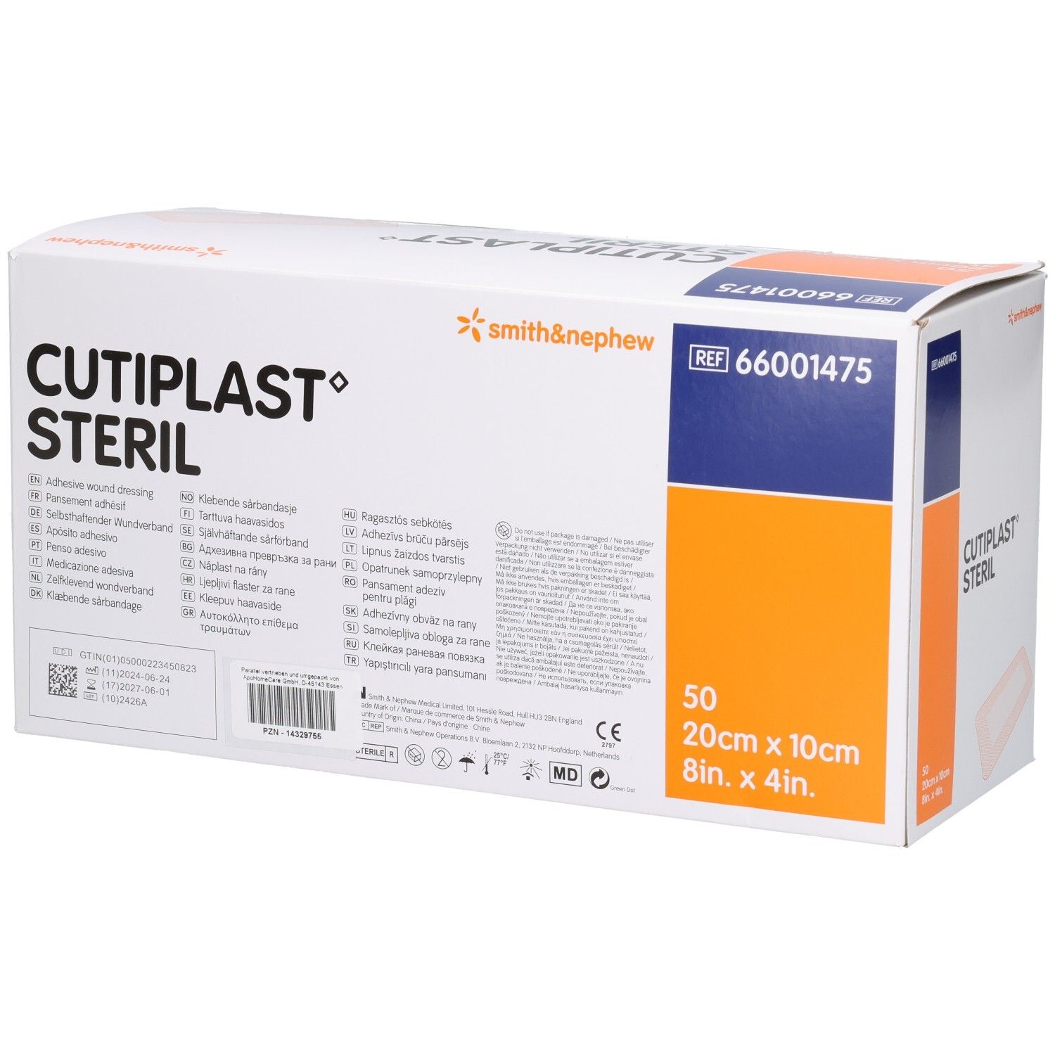 Verpackung von CUTIPLAST STERIL Wundverband. Enthält 50 Verbände, 20cm x 10cm. Marke Smith & Nephew. Referenznummer 66001475. Rückseite mit Text.