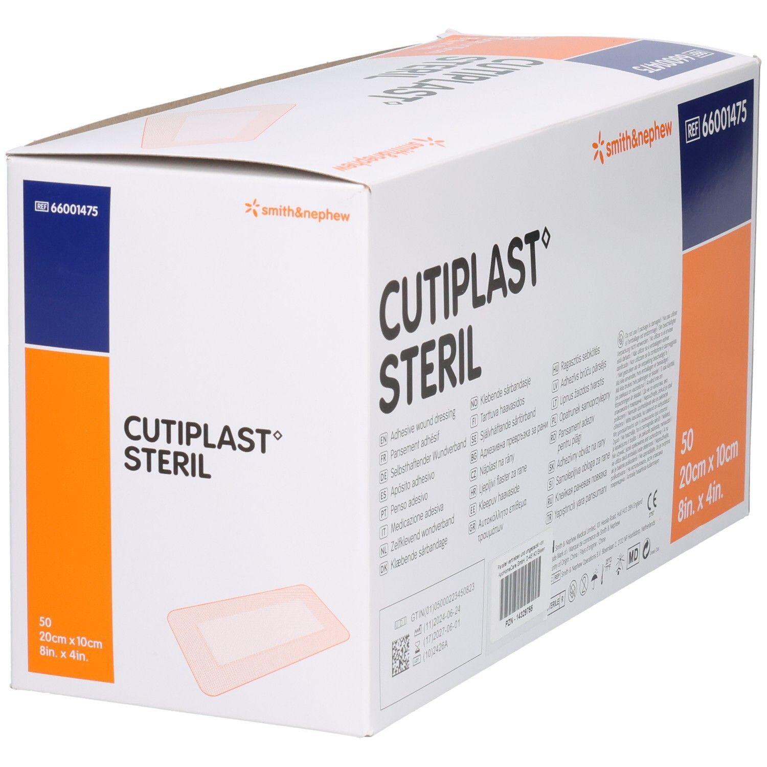 Verpackung von CUTIPLAST STERIL Wundverband. Enthält 50 Verbände, 20cm x 10cm. Marke Smith & Nephew. Referenznummer 66001475. Rückseite mit Text.