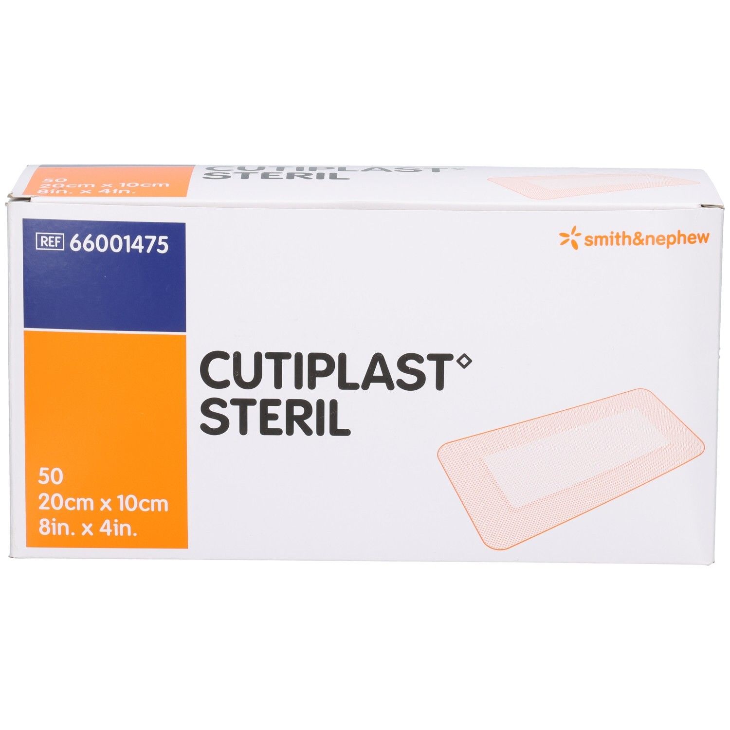 Verpackung von CUTIPLAST STERIL Wundverband. Enthält 50 Verbände, 20cm x 10cm. Marke Smith & Nephew. Referenznummer 66001475.