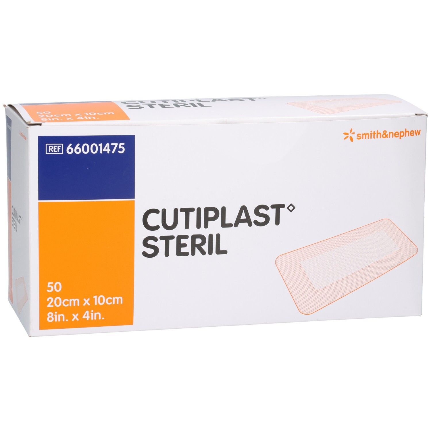 Verpackung von CUTIPLAST STERIL Wundverband. Enthält 50 Verbände, 20cm x 10cm. Marke Smith & Nephew. Referenznummer 66001475.