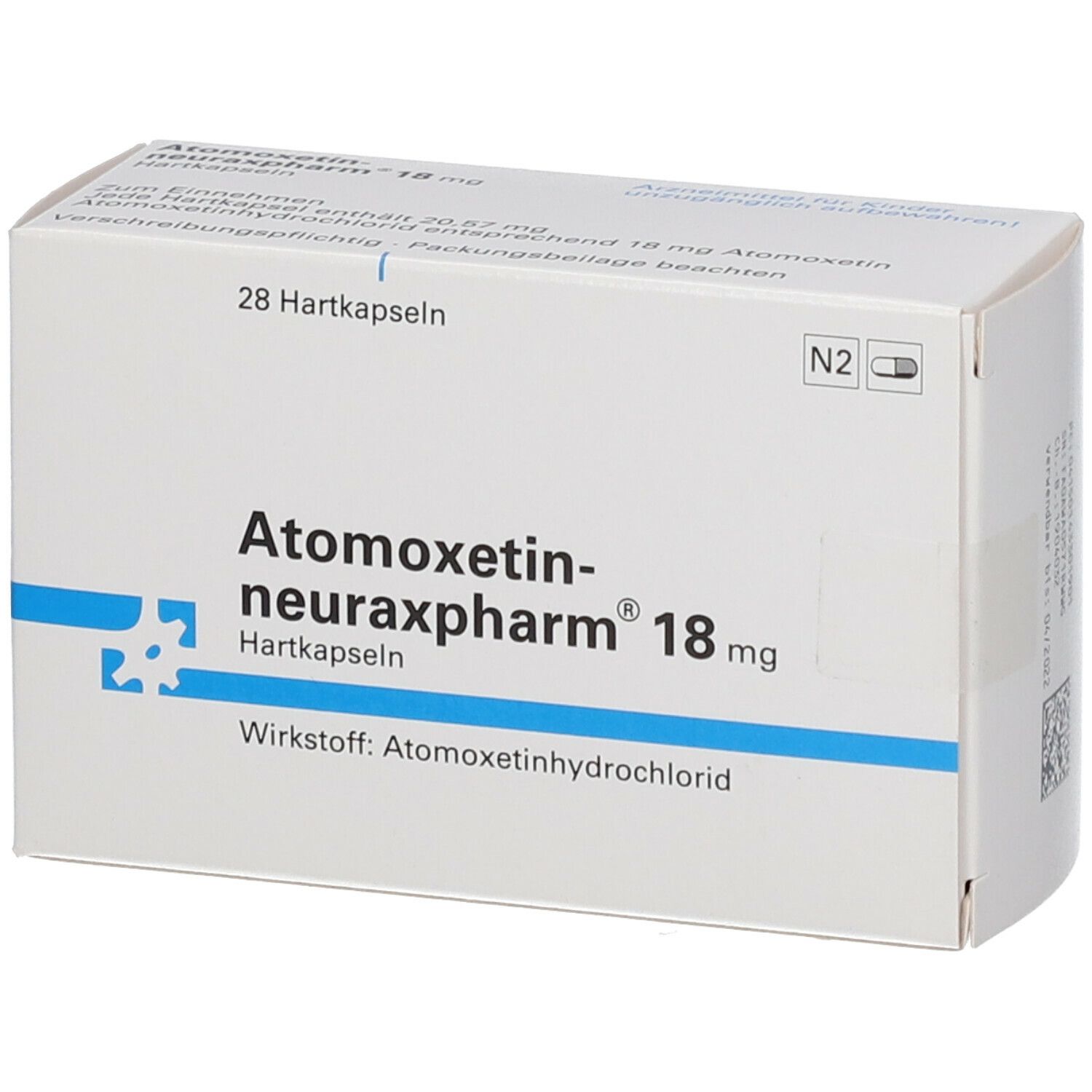 Weiße Schachtel mit Aufschrift Atomoxetin-neuraxpharm 18 mg. Enthält 28 Hartkapseln. Wirkstoff: Atomoxetinhydrochlorid.