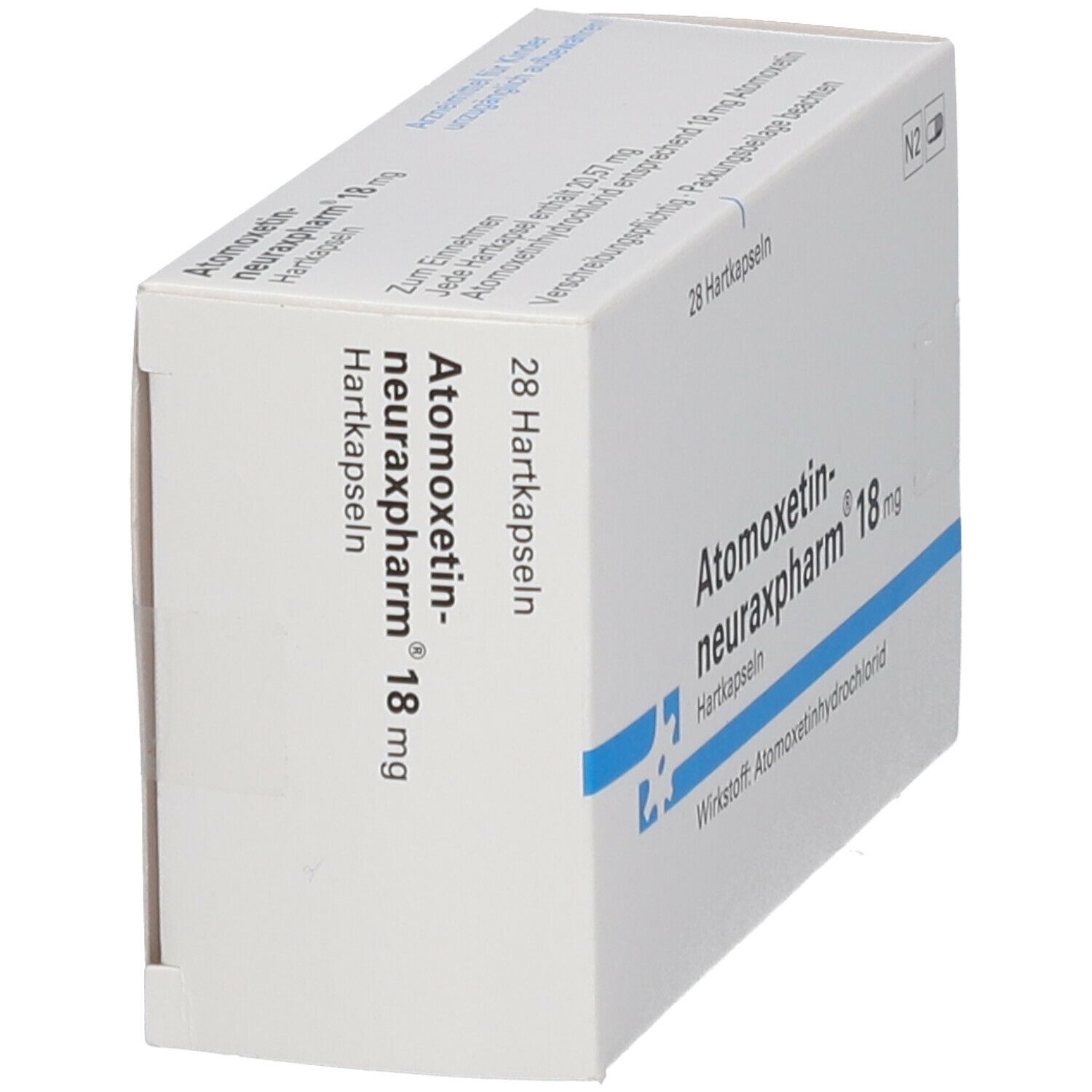Schachtel Atomoxetin-neuraxpharm 18 mg, schräg. Aufschrift: 28 Hartkapseln. Wirkstoff: Atomoxetinhydrochlorid. Weiße Verpackung.
