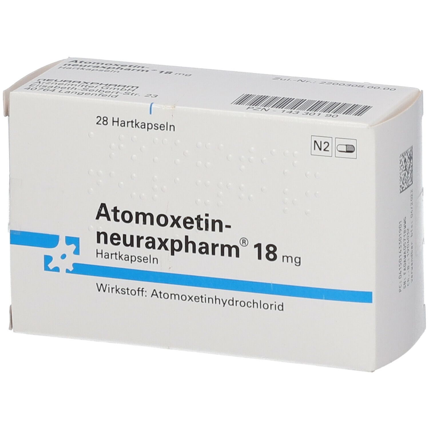 Weiße Schachtel mit Atomoxetin-neuraxpharm 18 mg. Enthält 28 Hartkapseln. Wirkstoff: Atomoxetinhydrochlorid. N2-Kennzeichnung.