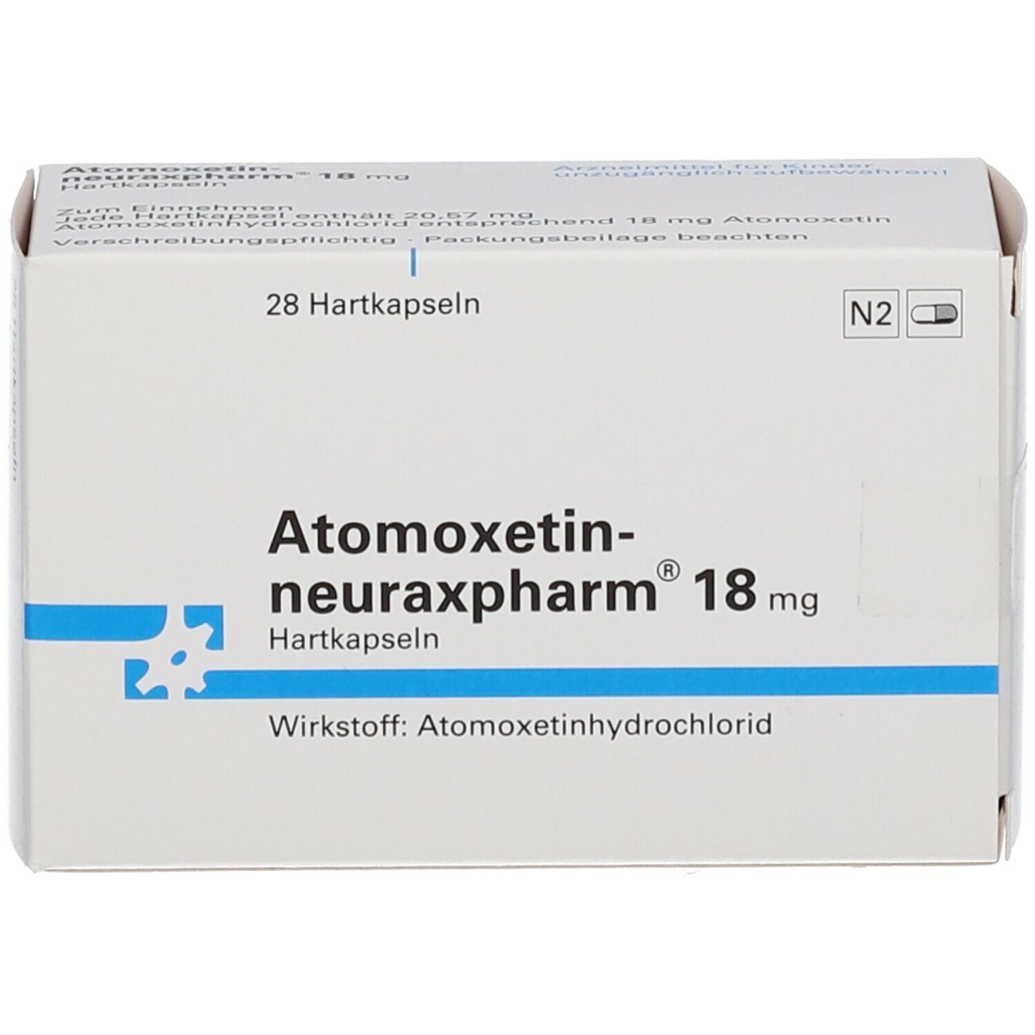 Weiße Schachtel mit Atomoxetin-neuraxpharm 18 mg. 28 Hartkapseln. Wirkstoff: Atomoxetinhydrochlorid. N2-Kennzeichnung.
