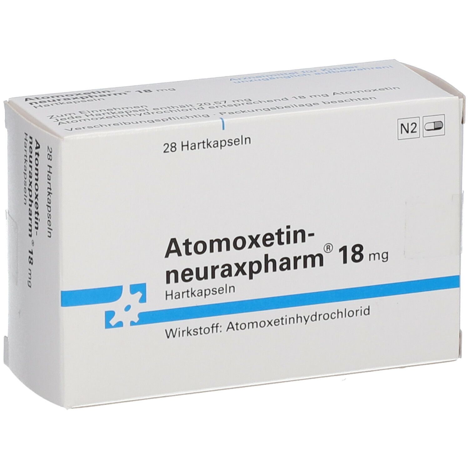 Weiße Schachtel mit Atomoxetin-neuraxpharm 18 mg. 28 Hartkapseln. Wirkstoff: Atomoxetinhydrochlorid. N2-Kennzeichnung.