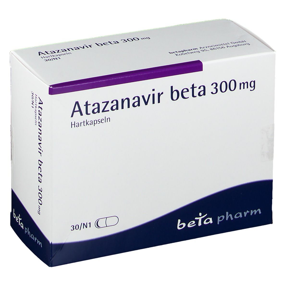 Schachtel mit Atazanavir beta 300 mg Hartkapseln. Weiß mit lila Akzenten. Beschriftung und Logo.
