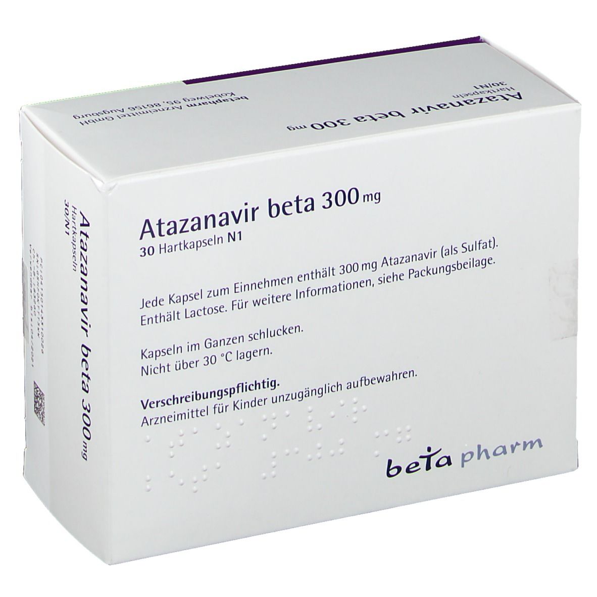 Schachtel Atazanavir beta 300 mg. Text auf Deutsch. Enthält Informationen zu den Kapseln und Inhaltsstoffen.