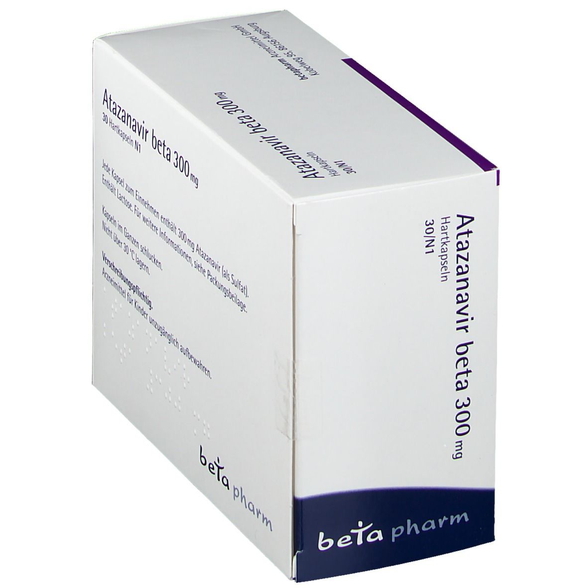 Schräg gestellte Schachtel Atazanavir beta 300 mg. Text auf Deutsch. Informationen zu den Kapseln.