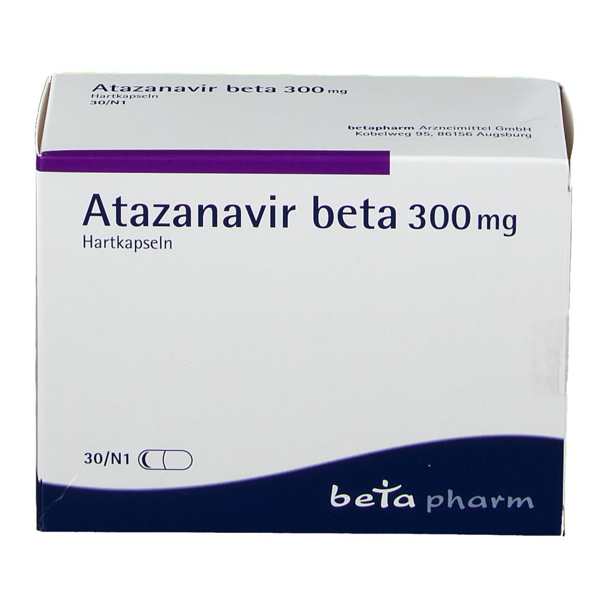 Schachtel Atazanavir beta 300 mg. Weiß mit lila Akzenten. Beschriftung und Logo. Kapsel-Symbol.