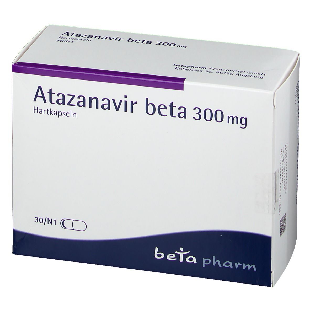 Schachtel Atazanavir beta 300 mg. Weiß mit lila Akzenten. Beschriftung und Logo. Kapsel-Symbol.