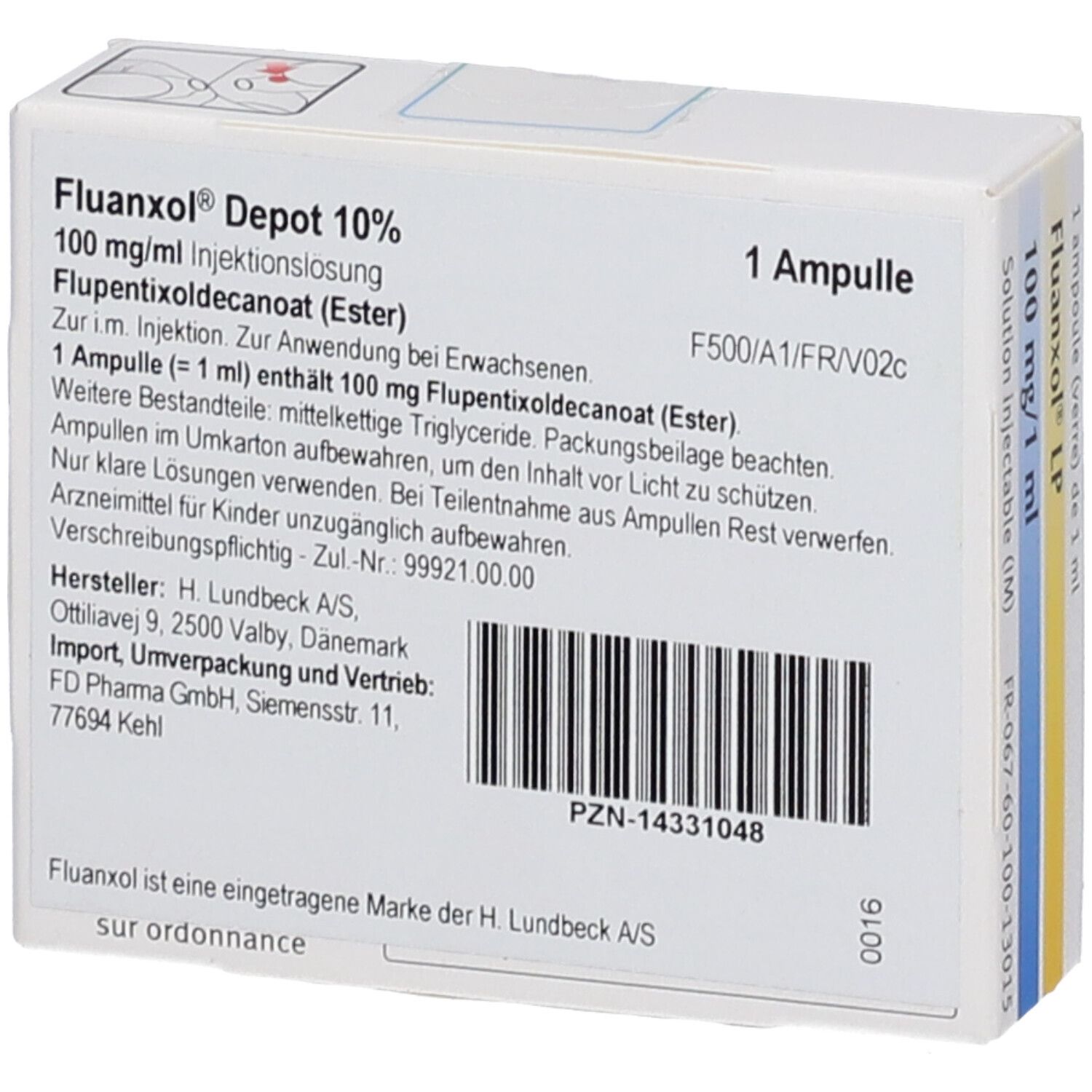 Schachtel mit Fluanxol Depot 10%, 100 mg/ml. Enthält eine Ampulle. Hersteller: Lundbeck.
