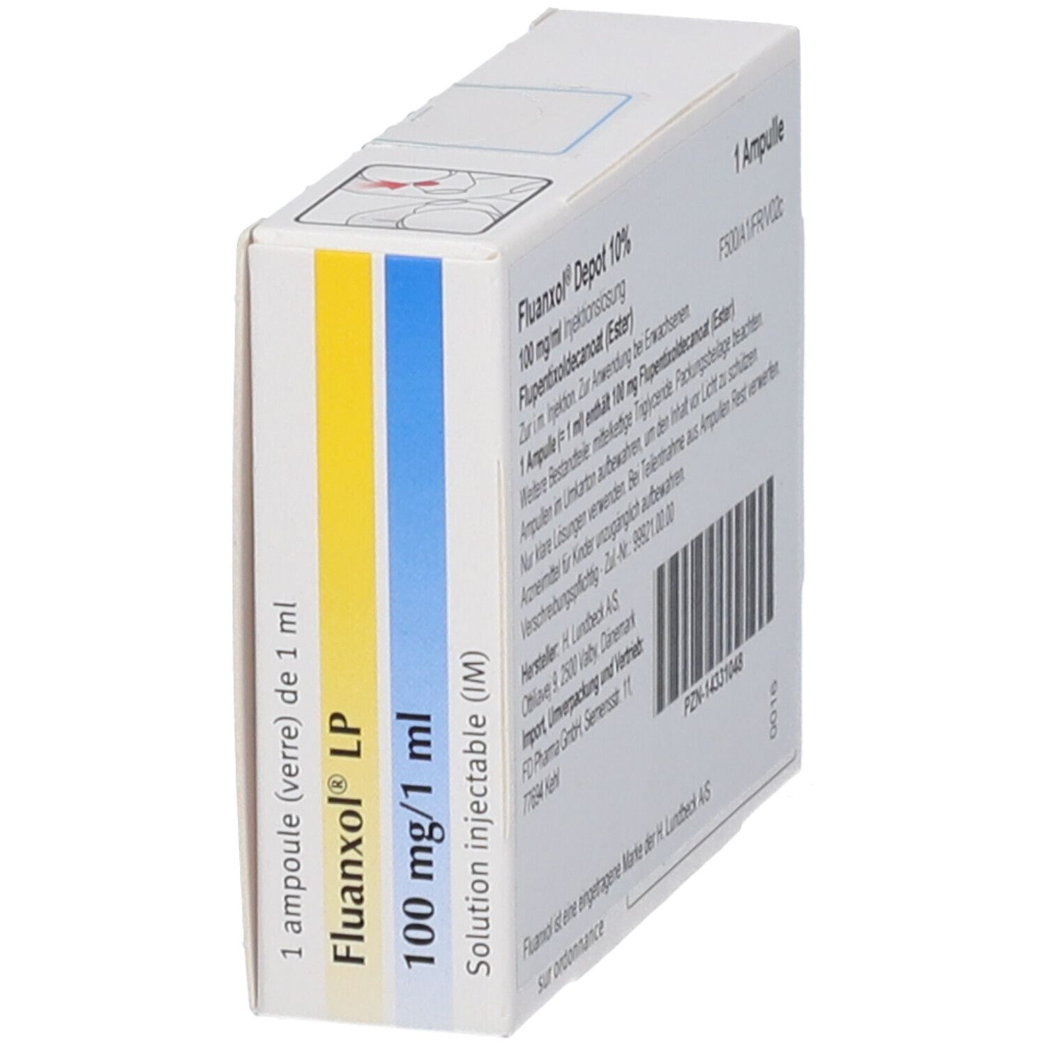 Schachtel mit Fluanxol LP, 100 mg/1 ml. Enthält eine Ampulle. Hersteller: Lundbeck.