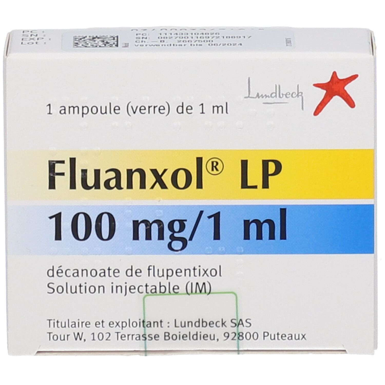 Schachtel mit Fluanxol LP, 100 mg/1 ml. Enthält eine Ampulle. Hersteller: Lundbeck.