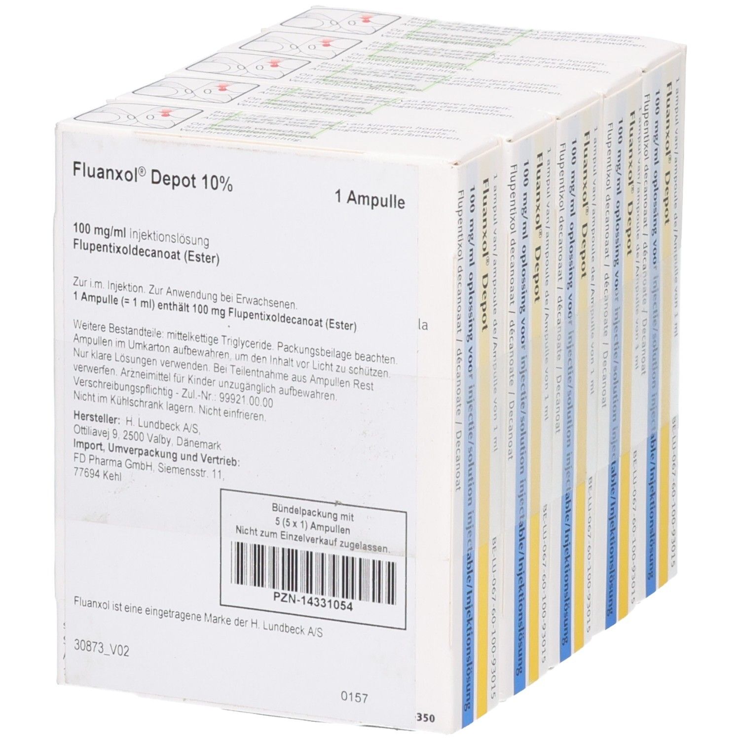 Fluanxol Depot 100 mg/ml Injektionslösung, 1 Ampulle. Flupentixoldecanoat (Ester). H. Lundbeck A/S.