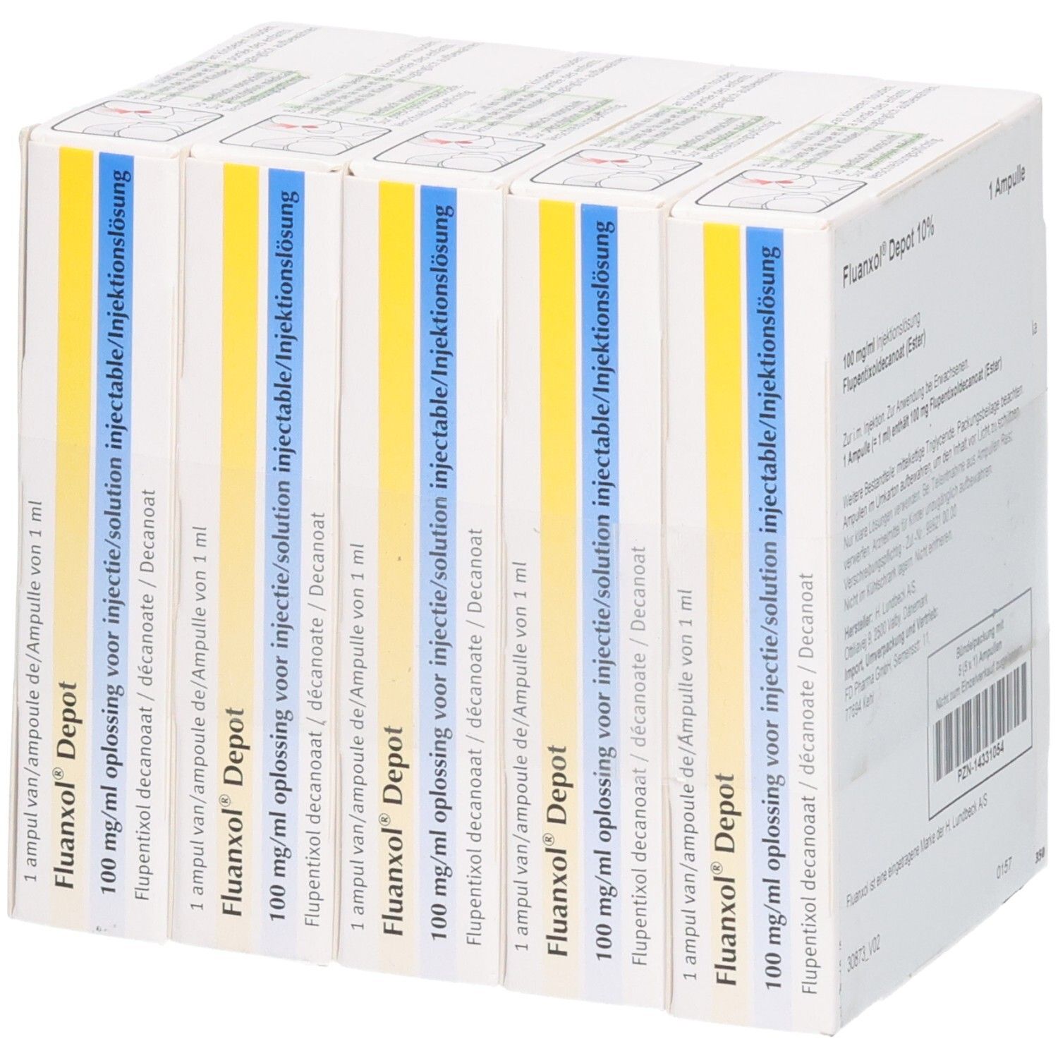 Fluanxol Depot 100 mg/ml Injektionslösung, 1 Ampulle. Flupentixoldecanoat (Ester). H. Lundbeck A/S.