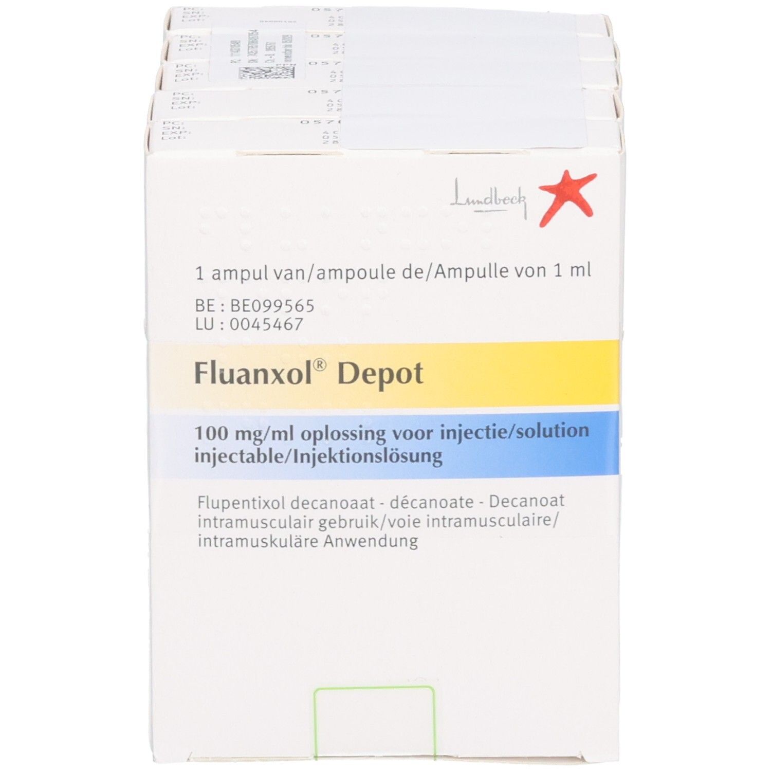 Fluanxol Depot 100 mg/ml Injektionslösung, 1 Ampulle. Flupentixoldecanoat (Ester). H. Lundbeck A/S.