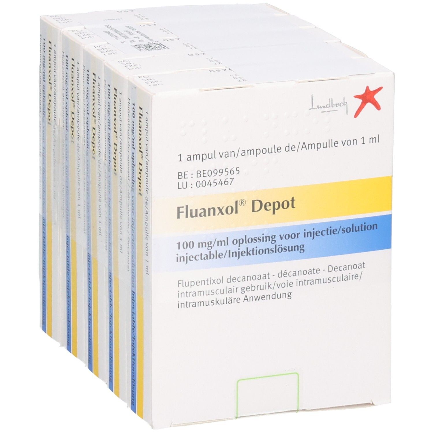 Fluanxol Depot 100 mg/ml Injektionslösung, 1 Ampulle. Flupentixoldecanoat (Ester). H. Lundbeck A/S.