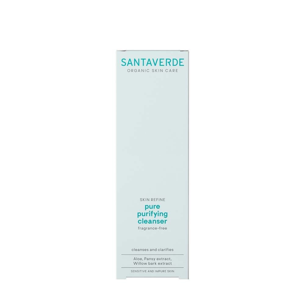Hellblaue Schachtel mit SANTAVERDE-Logo und Produktbezeichnung. Text: pure purifying cleanser fragrance-free.