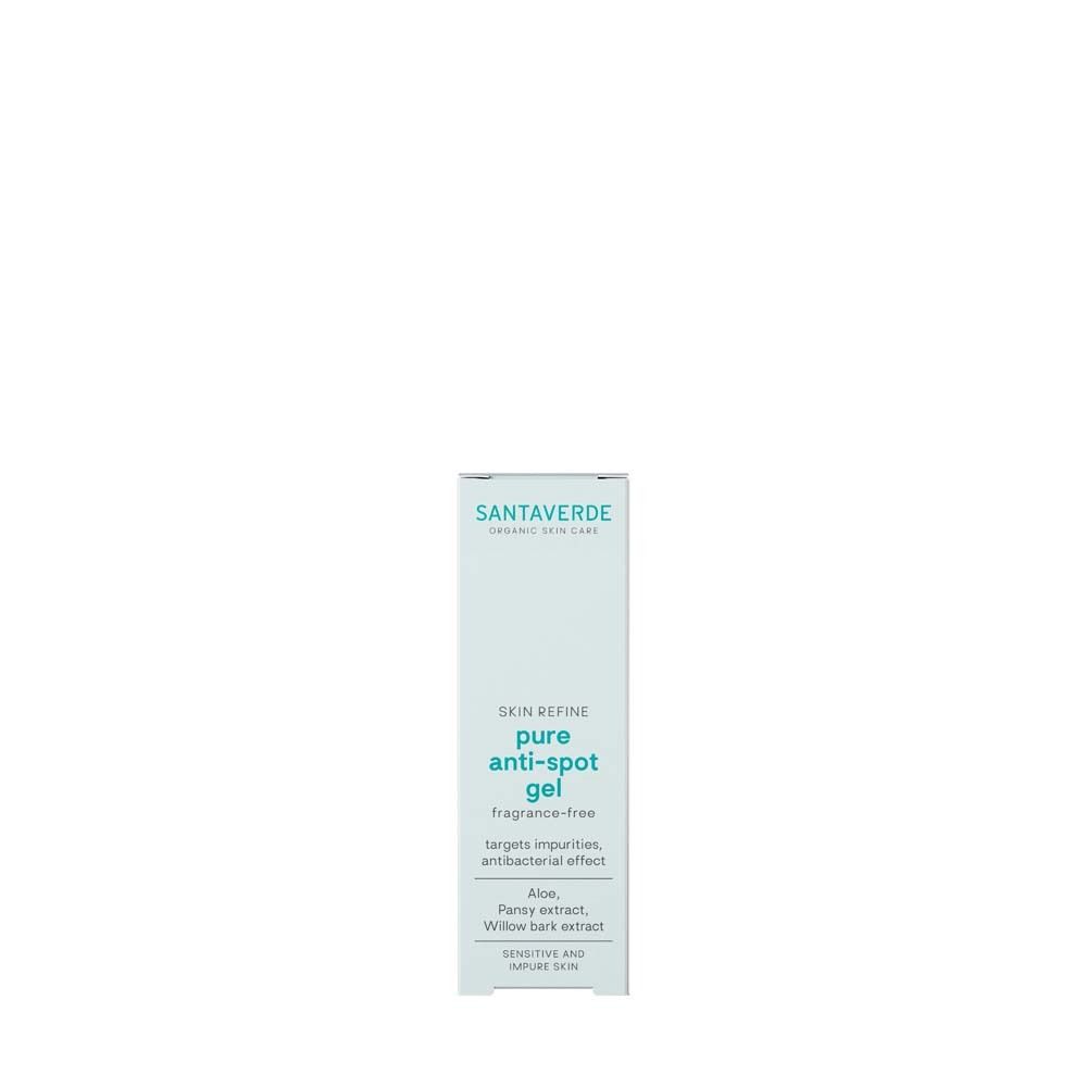 Weiße Verpackung mit grünem Text. Enthält SANTAVERDE pure anti-spot gel. Aufschrift: SKIN REFINE, fragrance-free.