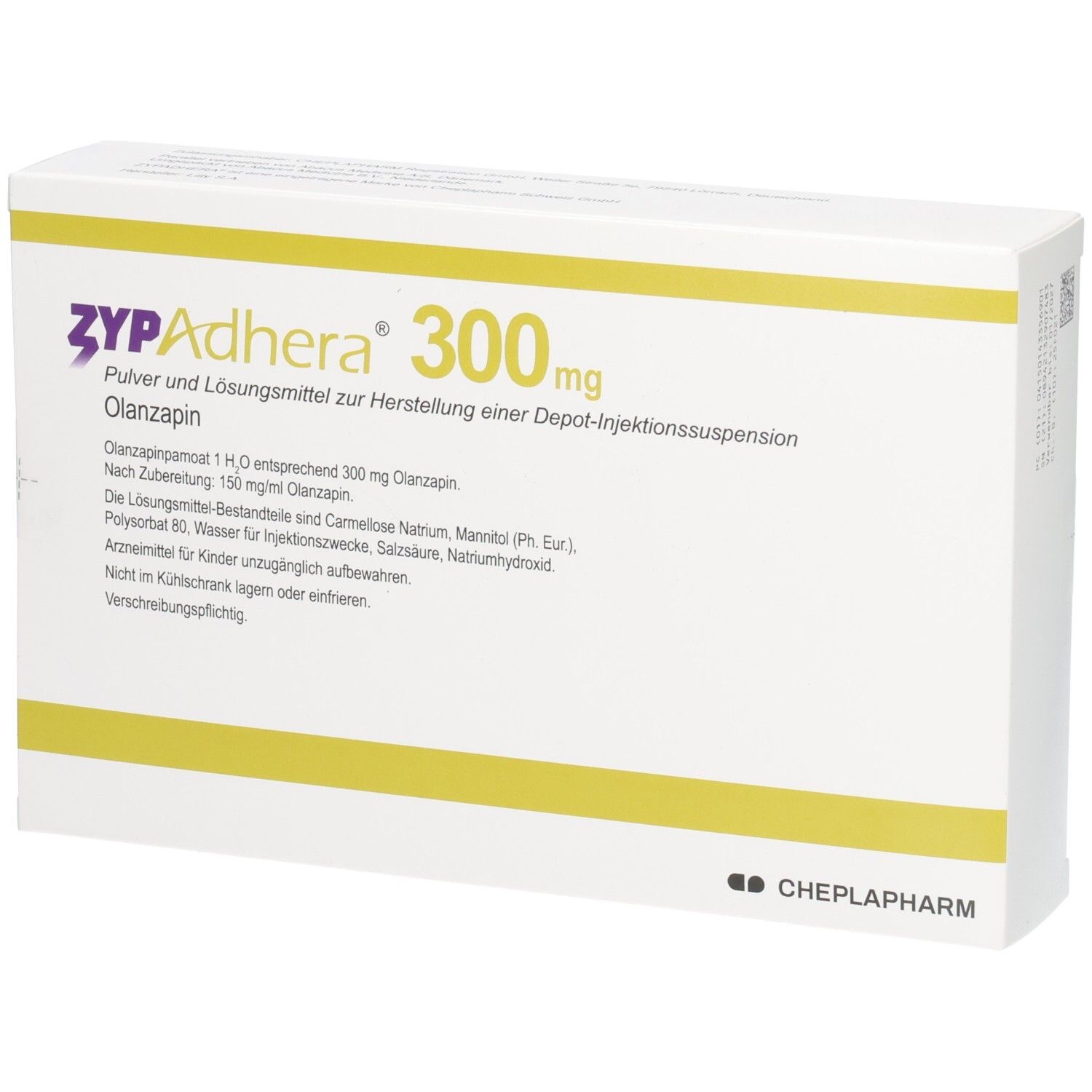 Zypadhera 300 mg-Verpackung. Enthält Olanzapin. Weißer Karton mit gelben Streifen. CHEPLAPHARM-Logo.