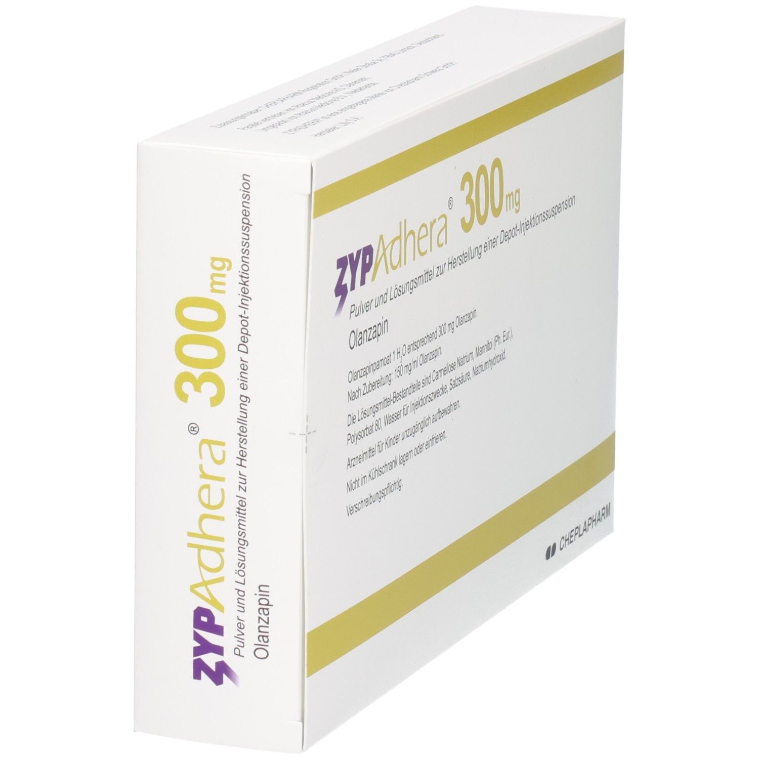Zypadhera 300 mg-Verpackung. Enthält Olanzapin. Weißer Karton mit gelben Streifen. CHEPLAPHARM-Logo.