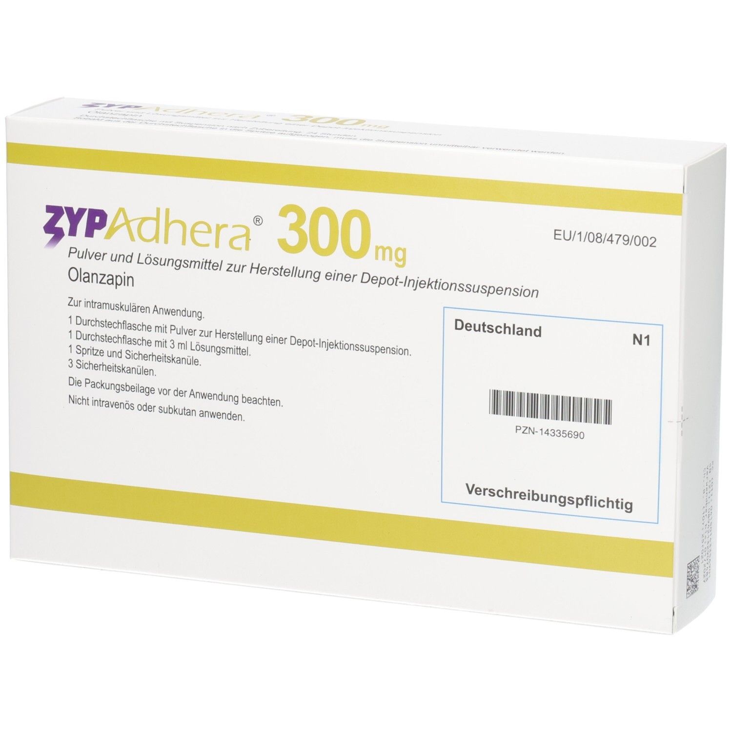 Zypadhera 300 mg-Verpackung. Enthält Olanzapin. Weißer Karton mit gelben Streifen. Deutschland-Label.