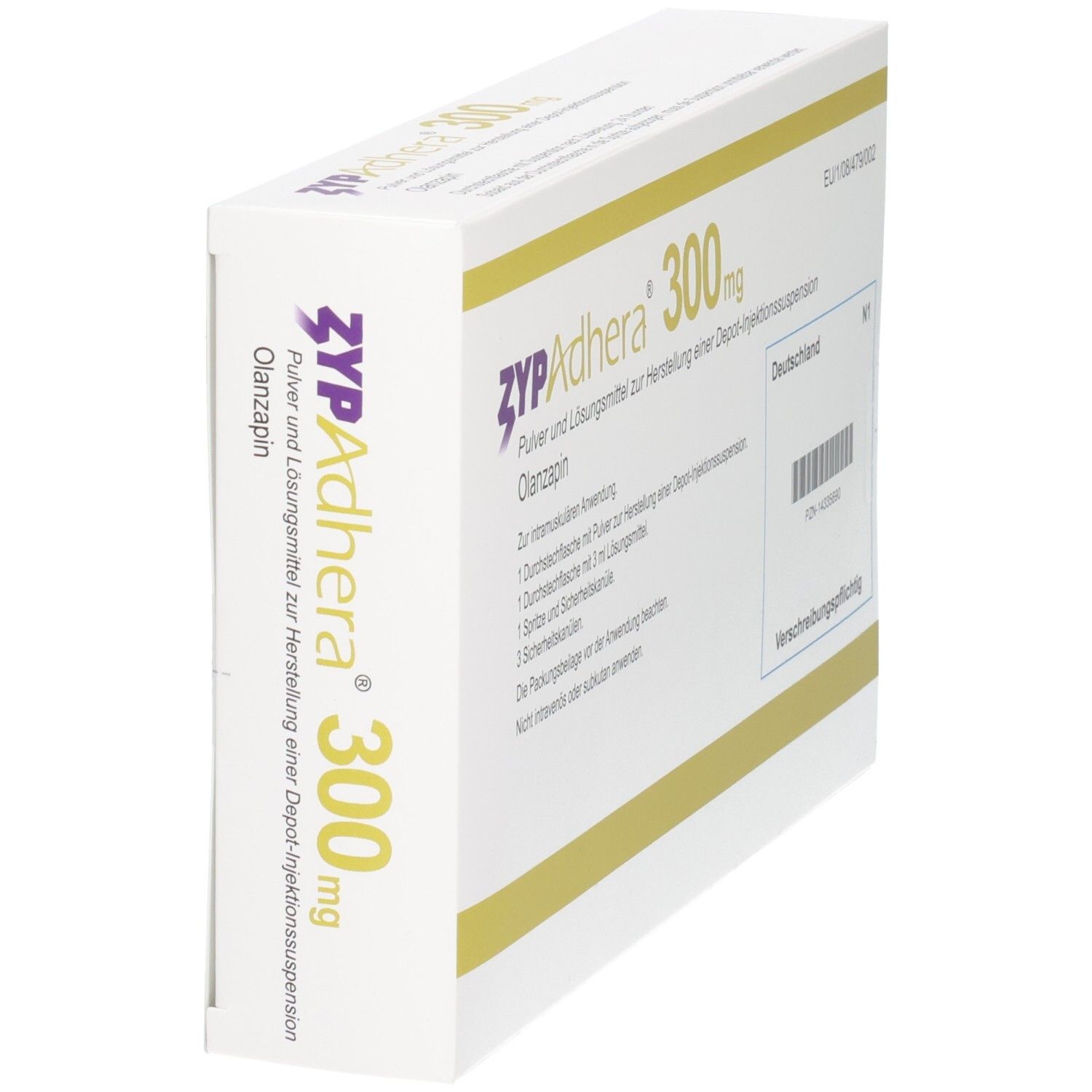 Zypadhera 300 mg-Verpackung. Enthält Olanzapin. Weißer Karton mit gelben Streifen. Deutschland-Label.