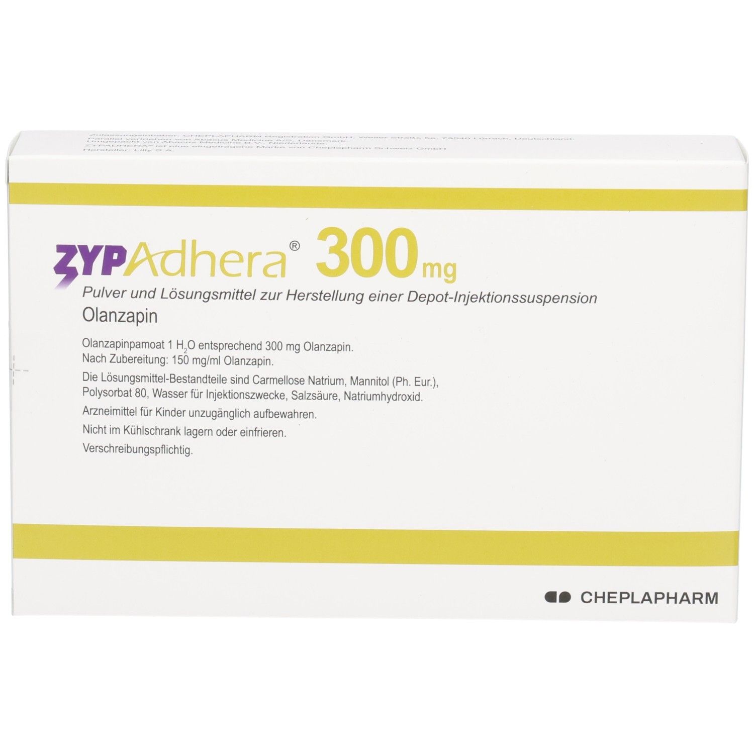 Zypadhera 300 mg-Verpackung. Enthält Olanzapin. Weißer Karton mit gelben Streifen. CHEPLAPHARM-Logo.