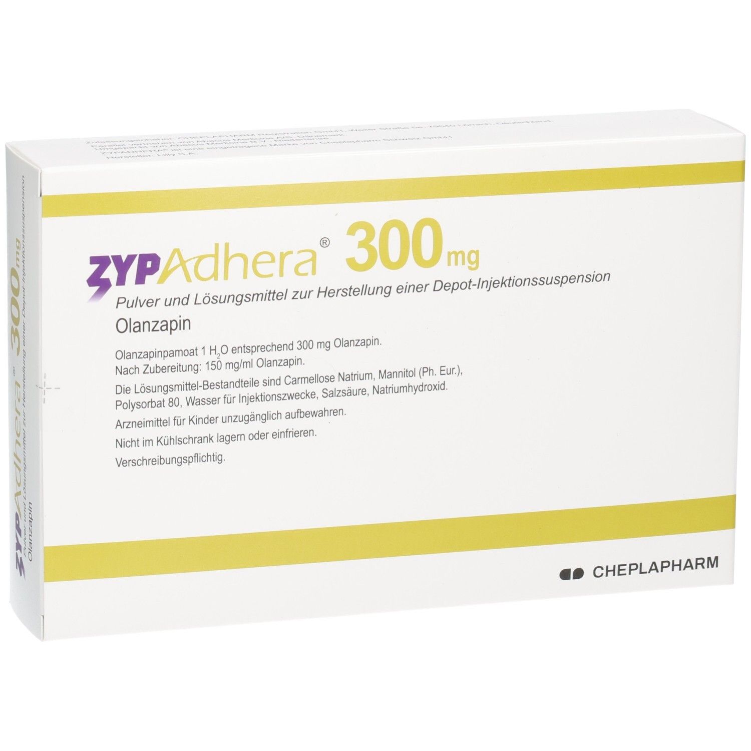Zypadhera 300 mg-Verpackung. Enthält Olanzapin. Weißer Karton mit gelben Streifen. CHEPLAPHARM-Logo.