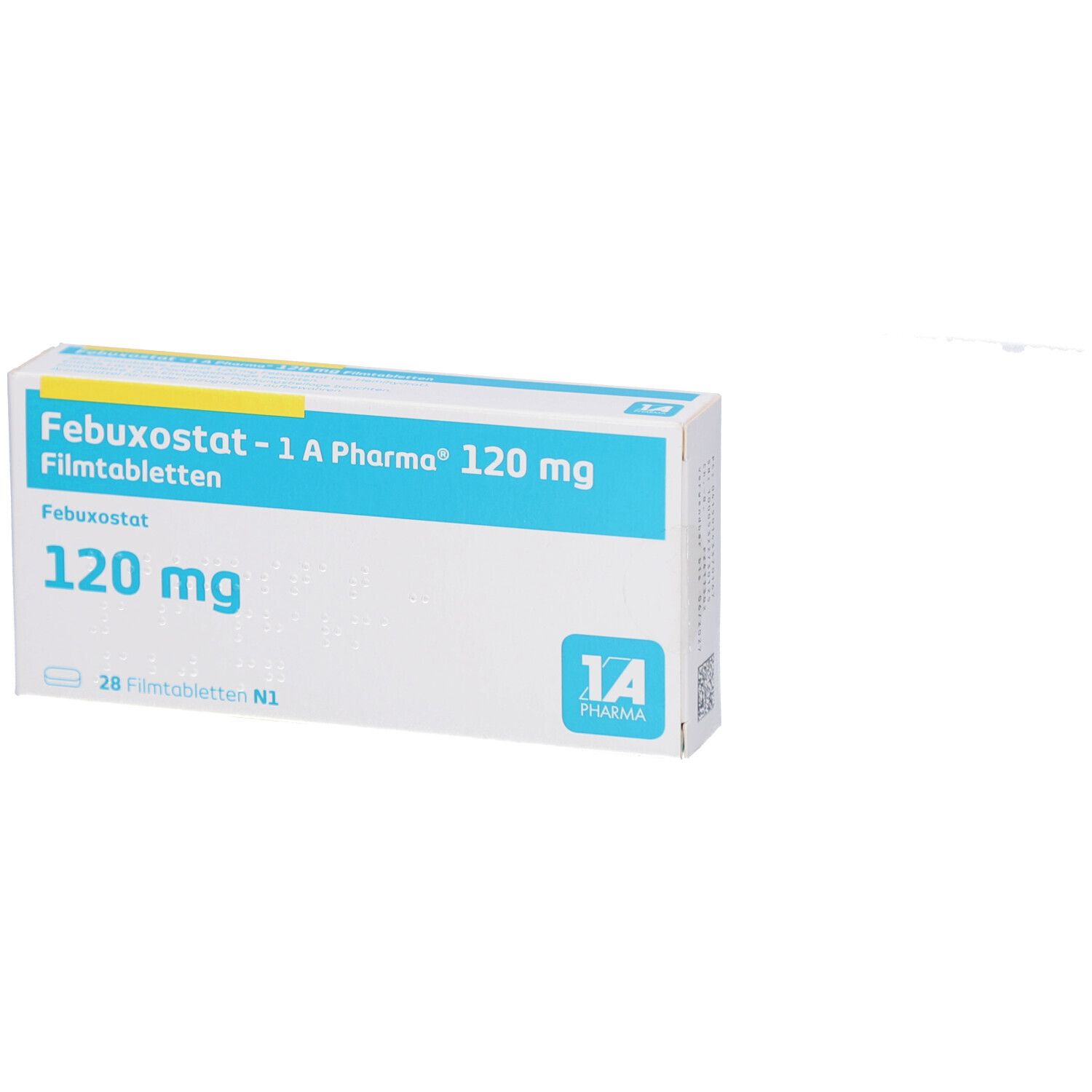 Schachtel mit FEBUXOSTAT-1A Pharma 120 mg Filmtabletten. Aufschrift: 120 mg, 28 Filmtabletten. Logo 1A Pharma.