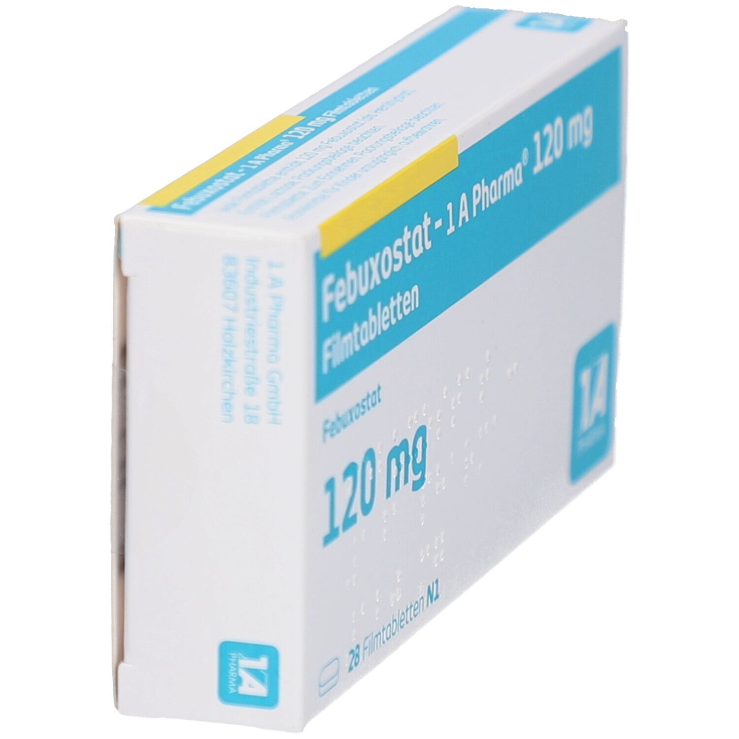 Schräg gestellte Schachtel mit FEBUXOSTAT-1A Pharma 120 mg Filmtabletten. Aufschrift: 120 mg, Logo 1A Pharma.
