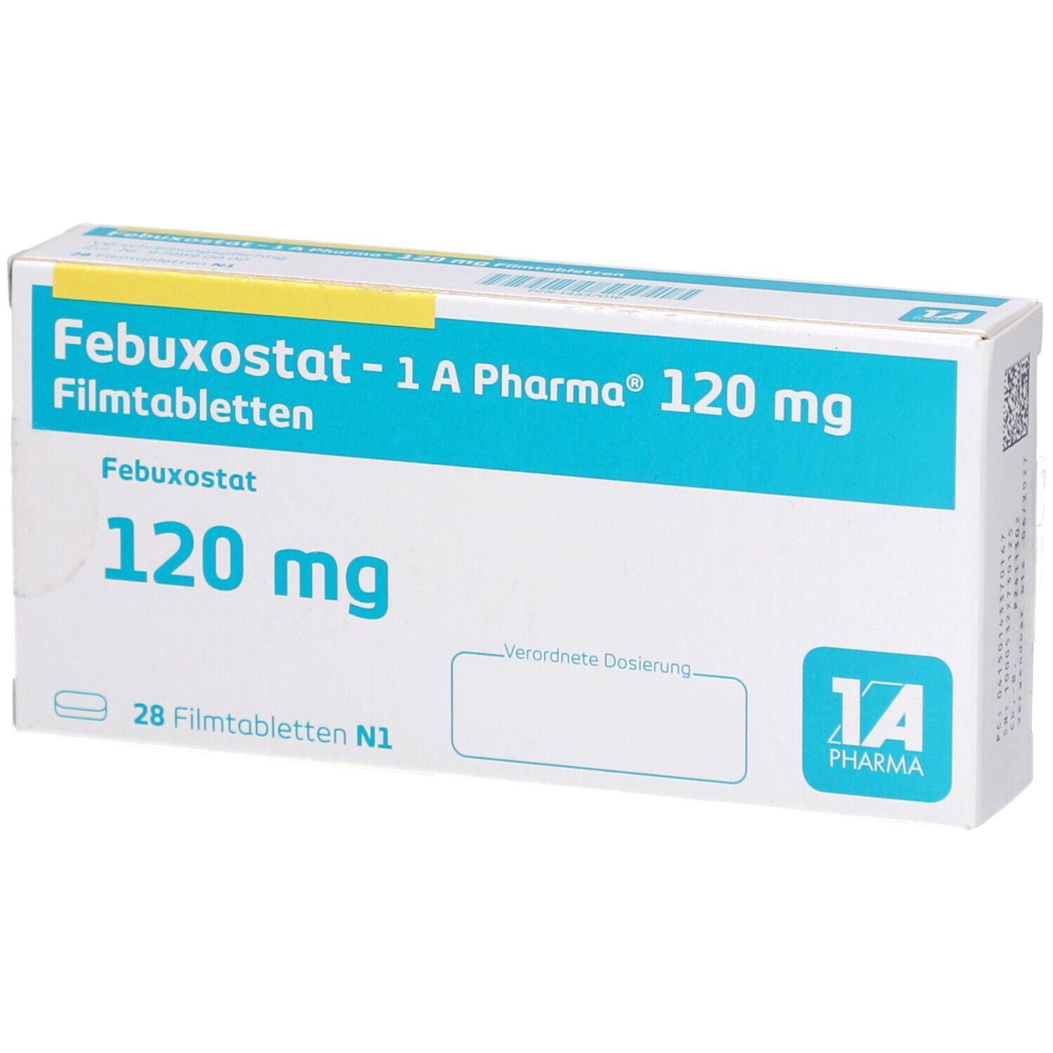 Schachtel mit FEBUXOSTAT-1A Pharma 120 mg Filmtabletten. Aufschrift: 120 mg, 28 Filmtabletten. Logo 1A Pharma.