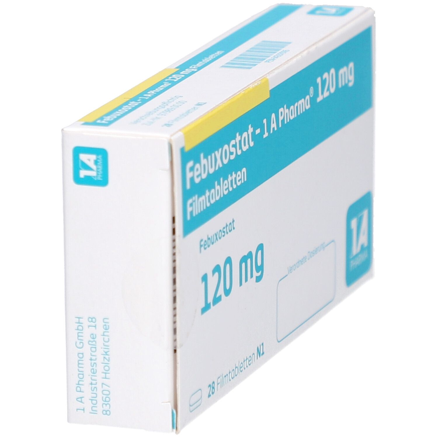 Schräg gestellte Schachtel mit FEBUXOSTAT-1A Pharma 120 mg Filmtabletten. Aufschrift: 120 mg, Logo 1A Pharma.