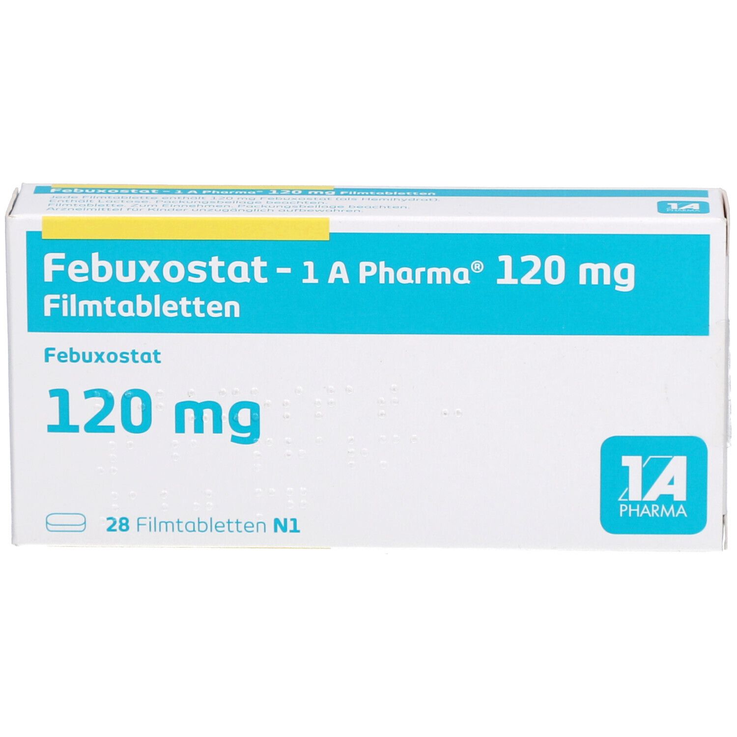 Schachtel mit FEBUXOSTAT-1A Pharma 120 mg Filmtabletten. Aufschrift: 120 mg, 28 Filmtabletten. Logo 1A Pharma.