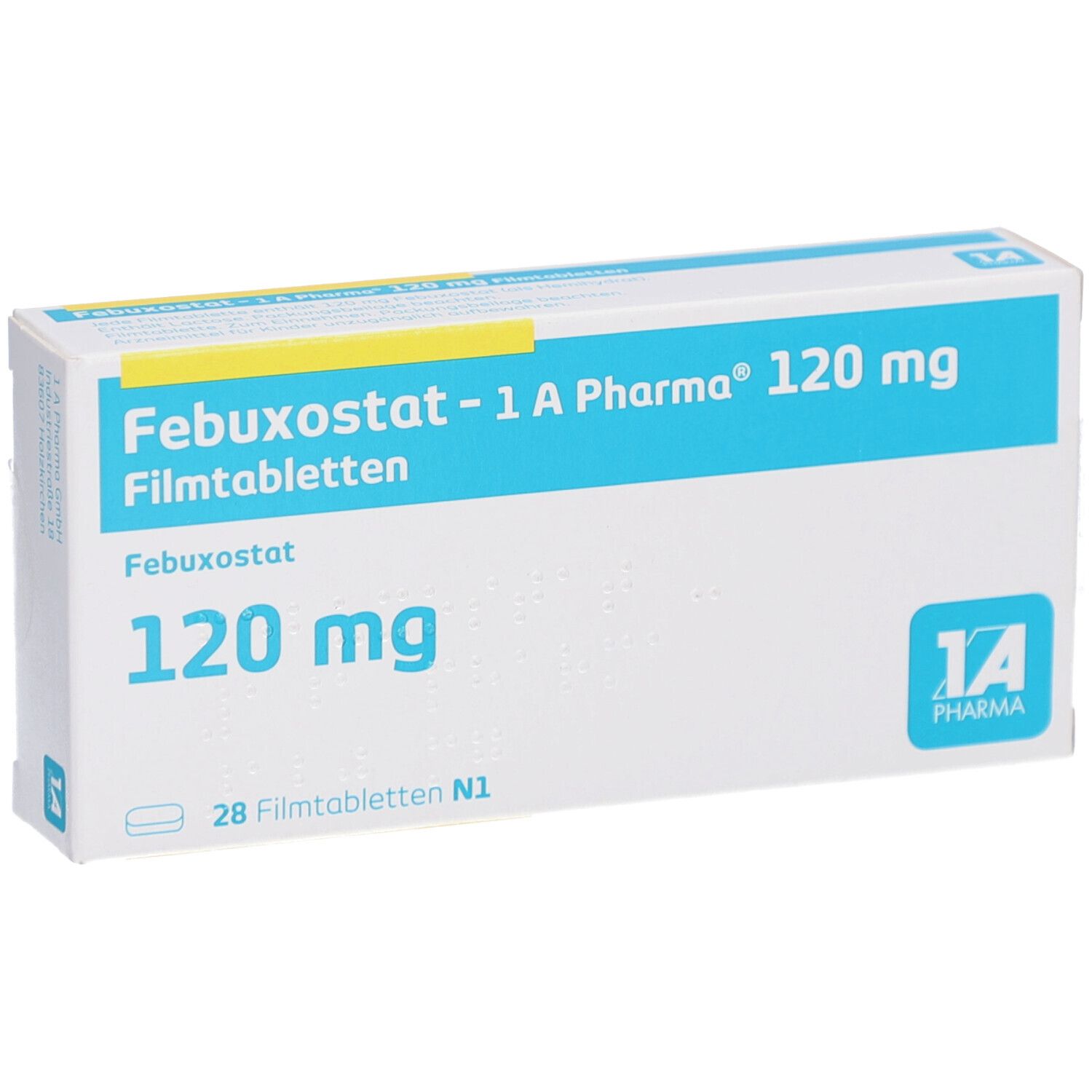 Schachtel mit FEBUXOSTAT-1A Pharma 120 mg Filmtabletten. Aufschrift: 120 mg, 28 Filmtabletten. Logo 1A Pharma.