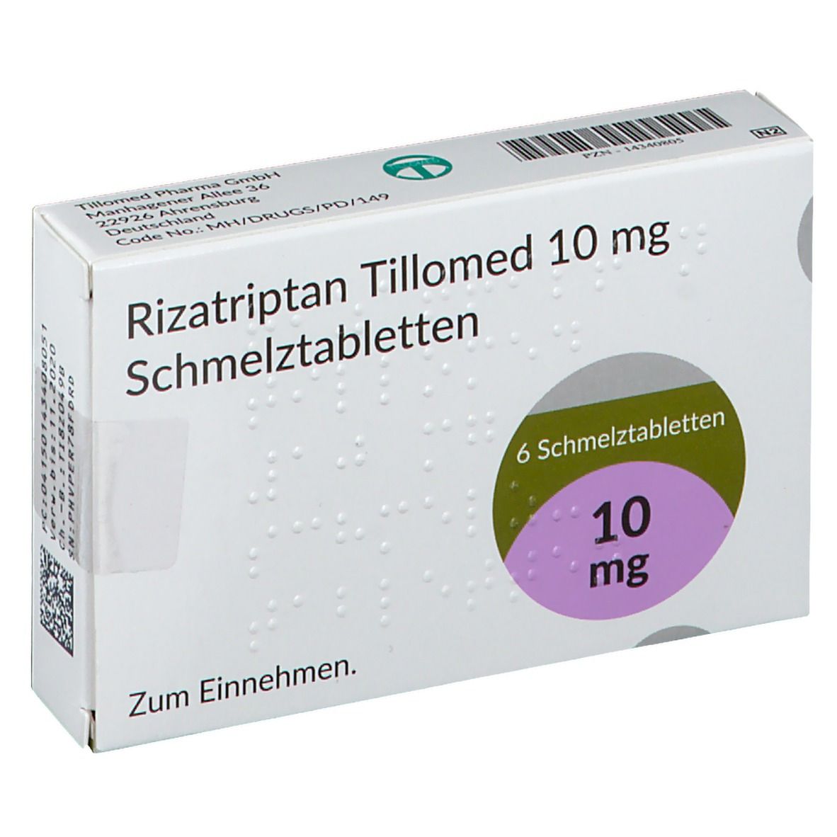 Schachtel mit Rizatriptan Tillomed 10 mg Schmelztabletten. 6 Tabletten. Aufdrucke: 10 mg, Zum Einnehmen.
