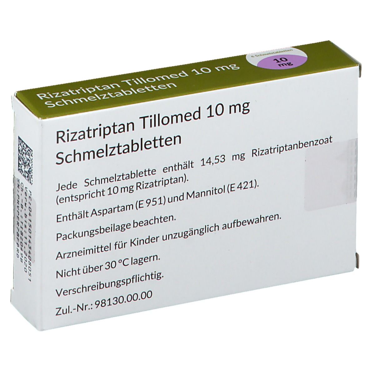 Schachtel mit Rizatriptan Tillomed 10 mg Schmelztabletten. Rückseite mit Inhaltsangaben. Aufdrucke: 10 mg, Packungsbeilage beachten.