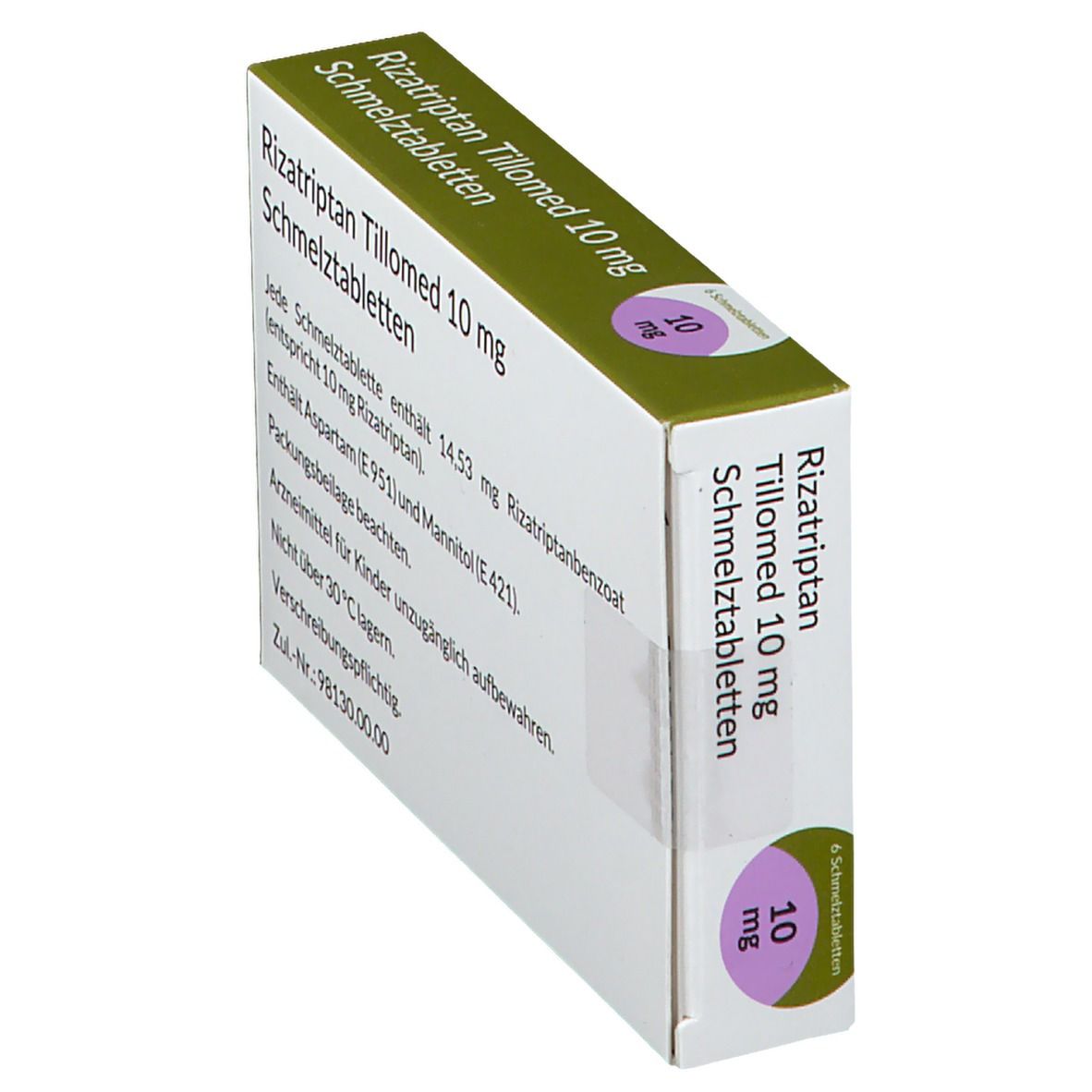 Schachtel mit Rizatriptan Tillomed 10 mg Schmelztabletten. Seitenansicht mit Inhaltsangaben. Aufdrucke: 10 mg, 6 Schmelztabletten.