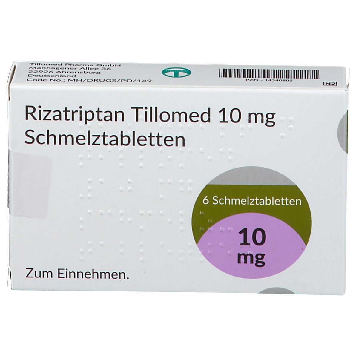 Schachtel mit Rizatriptan Tillomed 10 mg Schmelztabletten. Draufsicht. Aufdrucke: 10 mg, 6 Schmelztabletten, Zum Einnehmen.